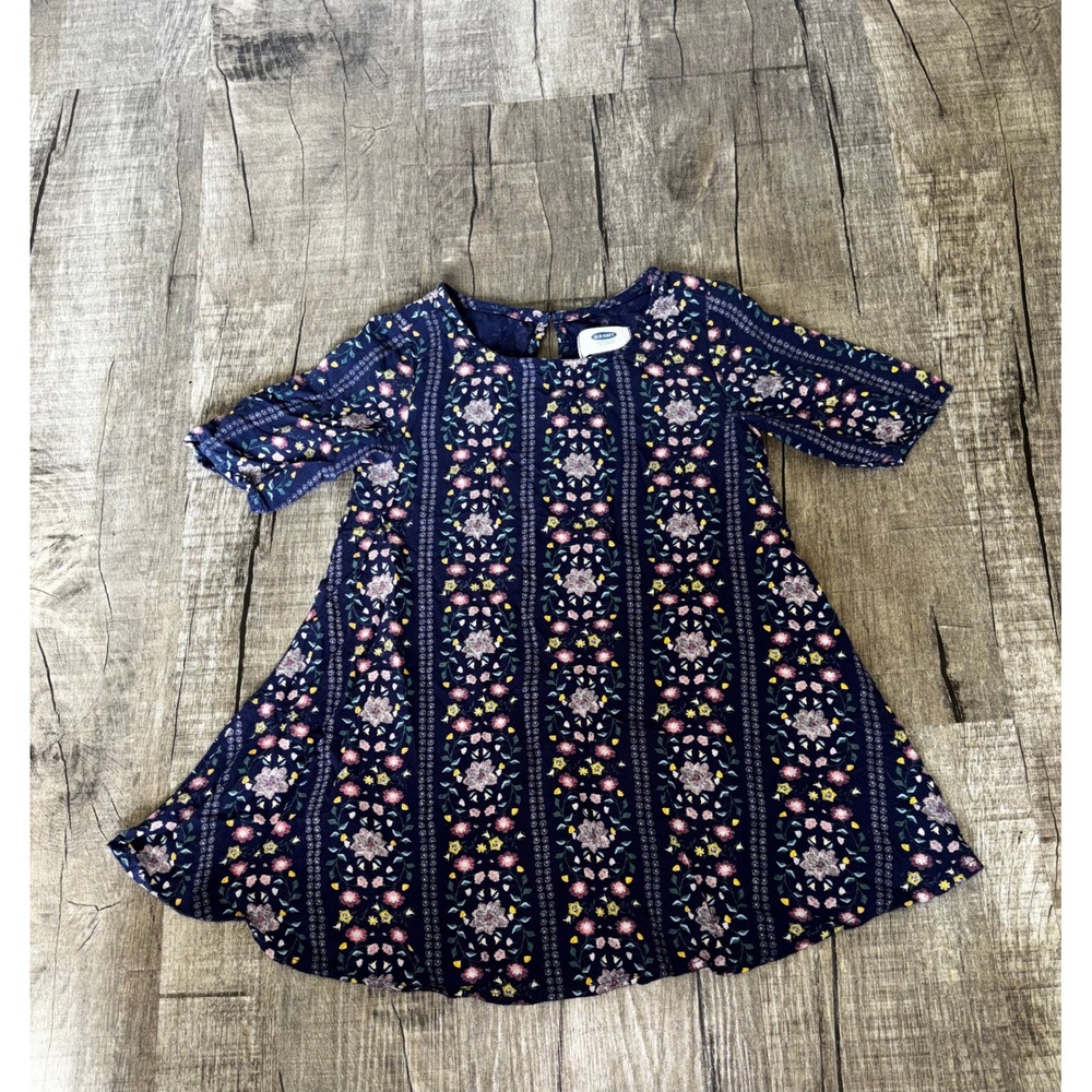 Old Navy Girls Navy Blue Floral Stripe Swing‎ Dress Short Sleeve 4T